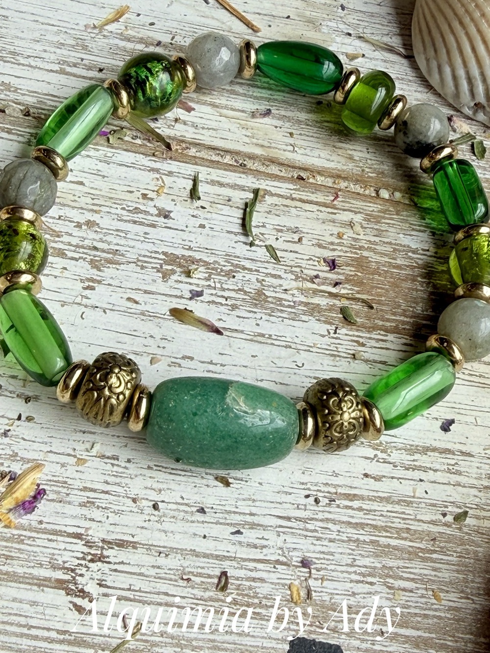 Green Mixed gemstone Beaded Stretch Bracelet with Gold Accents